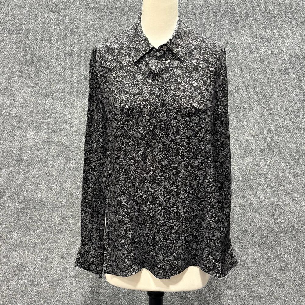 Vince Blouse Womens 8 Black Floral 100% Silk Button Front Long Sleeve Top